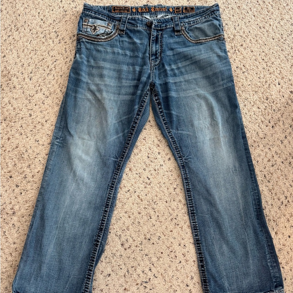 Rock Revival Blue Relaxed Straight Jeans with Vintage Wash - 40x30